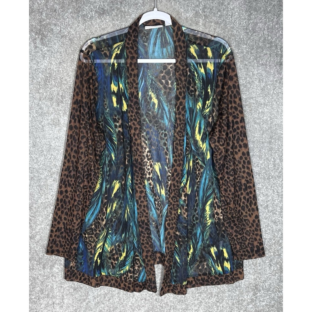 Susan Graver Sheer Mesh Peacock Animal Print Open Cardigan Top Womens Size Large